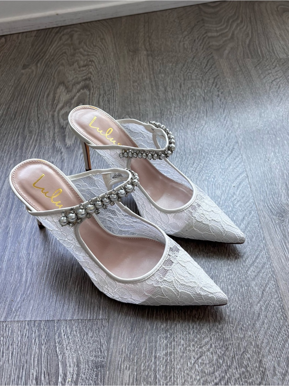 Lulus White Lace Pointed Toe Mules with Pearl Strap